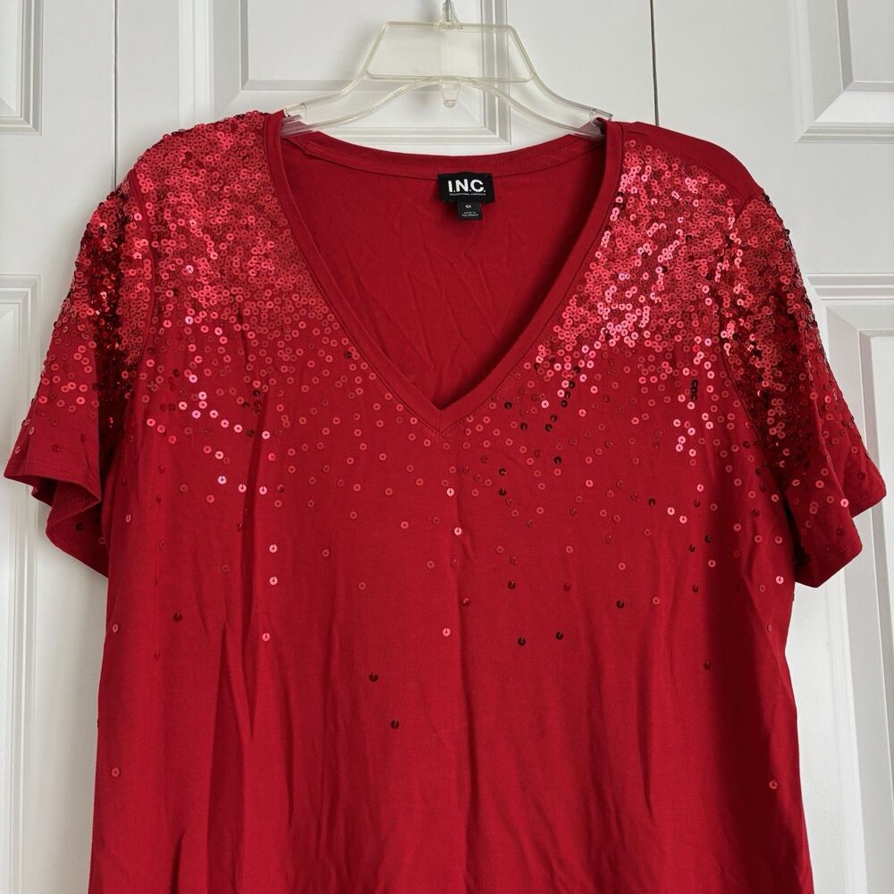 INC INTERNATIONAL CONCEPTS WOMEN'S TOPS RED SEQUIN V-NECK SHORT SLEEVE PULL ON - Picture 6 of 6